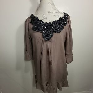 Jeweled Collar Tunic w/Ruffle Trim Hem & Sleeves